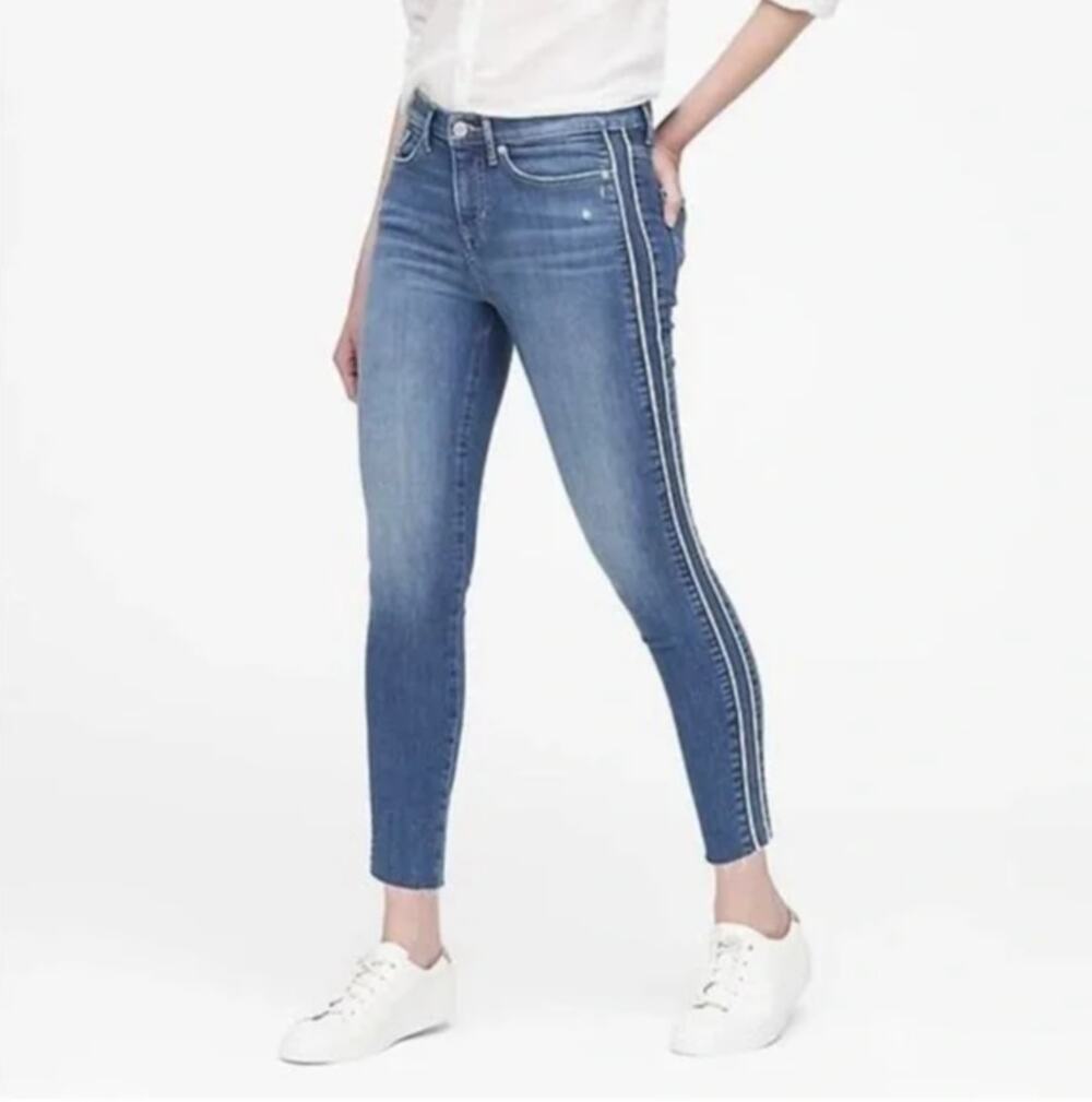 Banana Republic Jeans Mid Rise Skinny Side Stripe Raw Hem Casual Office Work 25